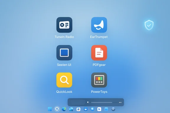 Blue gradient desktop showing app icons: TuneIn Radio, EarTrumpet, Seelen UI, PDFgear, QuickLook, PowerToys.