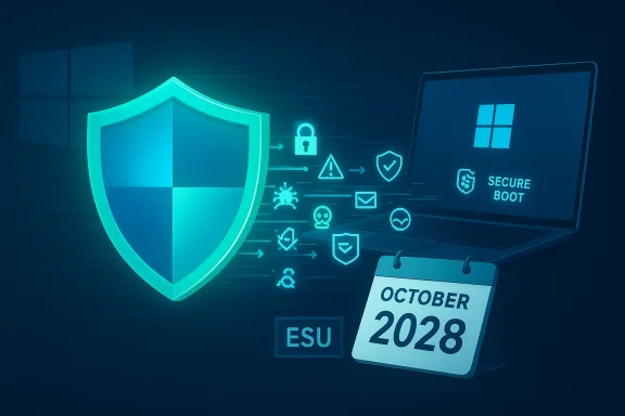 Cybersecurity concept: glowing shield with icons, Windows laptop, and October 2028 calendar.