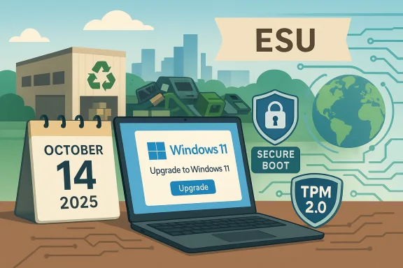 An illustration promoting a Windows 11 upgrade with security icons and Oct 14, 2025.