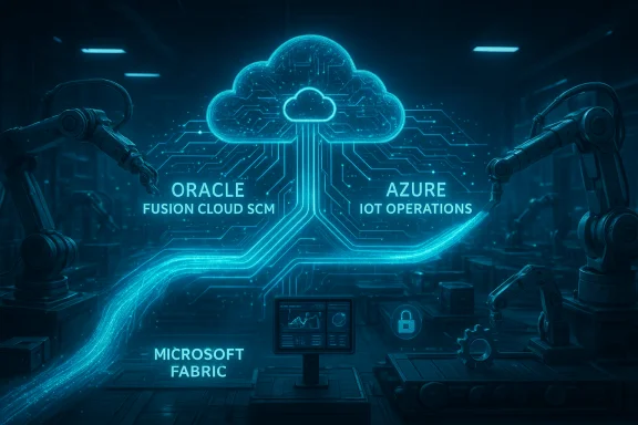 Blue neon cloud hub with circuits and robotic arms labeled Oracle Fusion Cloud SCM and Azure IoT Operations.