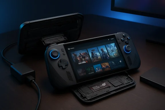 A sleek handheld gaming console docked on a desk, displaying a game library on its screen.