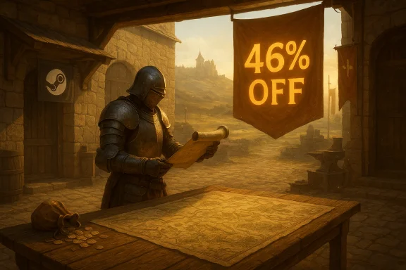 Armored knight studies a map at a wooden table as coins spill from a pouch near a 46% OFF banner. Armored knight studies a map at a wooden table as coins spill from a pouch near a 46% OFF banner.