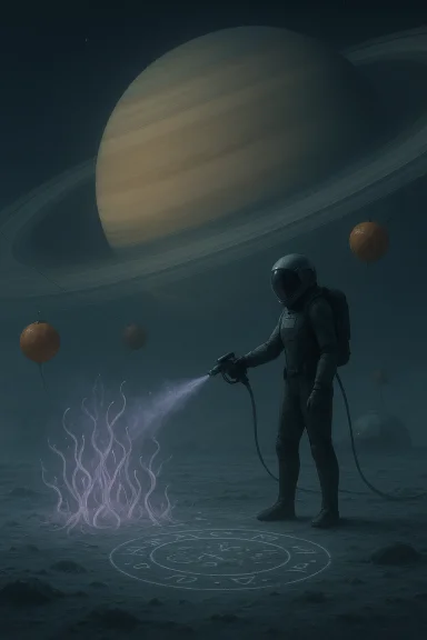 Astronaut on a desolate moon sprays a purple glow on a rune circle beneath a giant ringed planet. Astronaut on a desolate moon sprays a purple glow on a rune circle beneath a giant ringed planet.