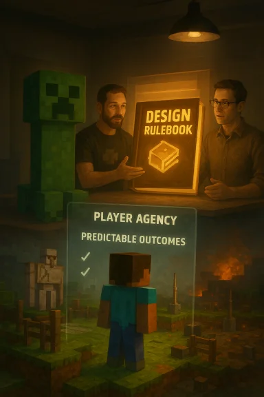 Minecraft-style scene where designers unveil a 'Design Rulebook' to a player beside a Creeper.
