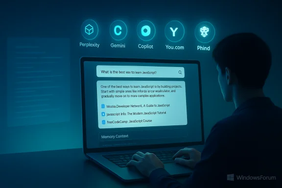 Person at a laptop beneath glowing AI app icons (Perplexity, Gemini, Copilot, You.com, Phind).