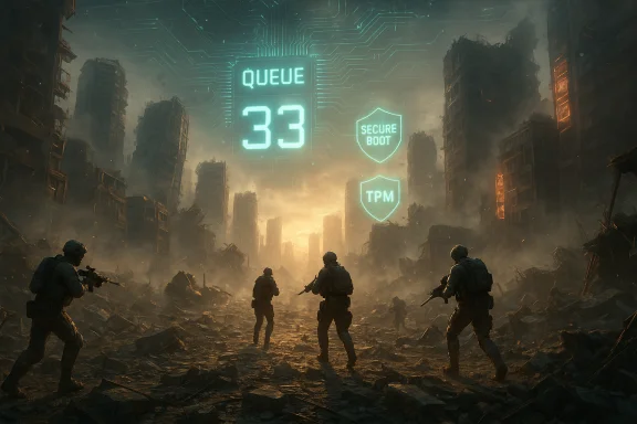 Soldiers advance through a ruined city beneath a glowing Queue 33 display and security shields.