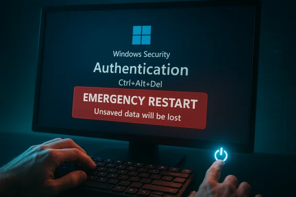 A PC screen shows Windows Security Authentication with an emergency restart alert. A PC screen shows Windows Security Authentication with an emergency restart alert.