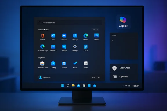 A large monitor displays a dark desktop with a grid of apps and a Copilot panel.