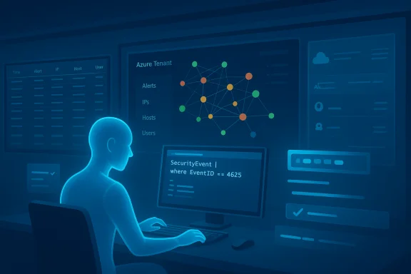 A person monitors network graphs and security data on a multi-screen dashboard.