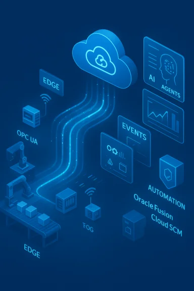 Blue isometric scene of cloud computing powering edge automation and AI agents.