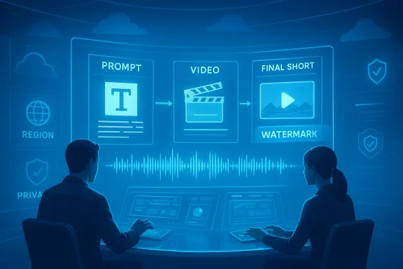 Two professionals monitor a blue holographic workflow: prompt → video → final short watermark.