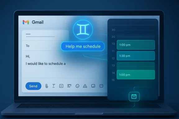 Gmail compose on a laptop with a glowing “Help me schedule” button beside a calendar scheduling panel.
