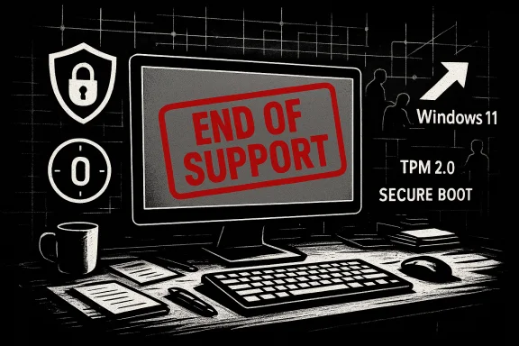 Monitor displays “END OF SUPPORT” amid Windows 11 security cues like TPM 2.0 and Secure Boot.