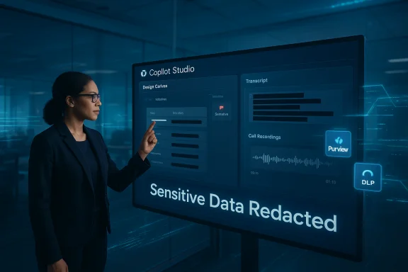 Professional woman in a suit points at a large screen displaying Copilot Studio and “Sensitive Data Redacted.”