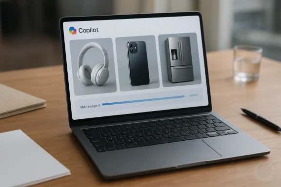 A laptop on a wooden desk displays Copilot UI with headphones, a smartphone, and a refrigerator.