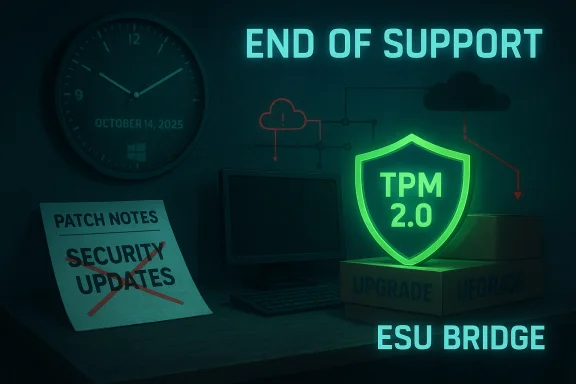 End of support looms as TPM 2.0 upgrade via ESU Bridge unfolds with security updates.