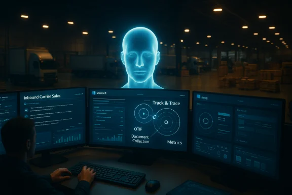 A technician monitors data on three screens while a blue holographic head hovers over a warehouse control center. A technician monitors data on three screens while a blue holographic head hovers over a warehouse control center.