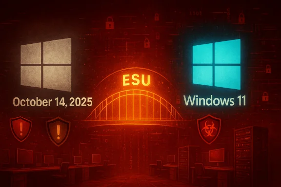 A neon red cyber-security poster with Windows logos, Windows 11, Oct 14, 2025, and an ESU emblem.