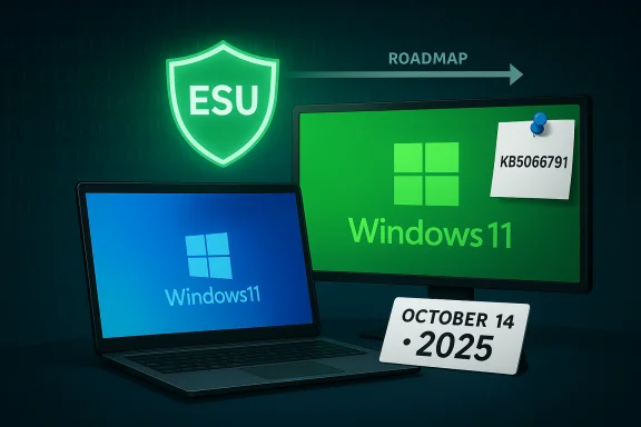 An ESU shield hovers over Windows 11 devices with a roadmap toward October 14, 2025.