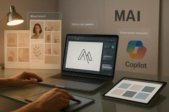 Designer edits a logo on a laptop, surrounded by mood boards and color palettes.