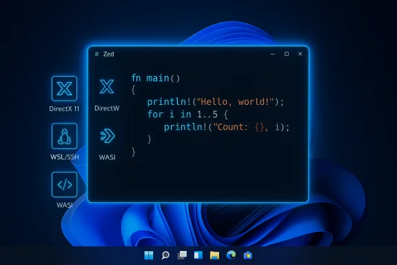 Neon-blue Zed editor on Windows 11 showing Rust code, with glowing DirectX/WSL icons along the side.
