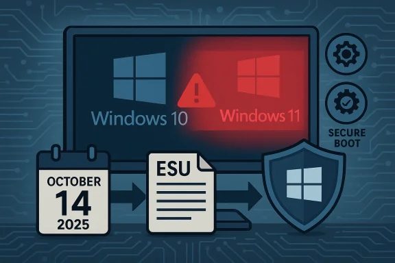 Windows 10 ESU end-of-support on Oct 14, 2025; upgrade to Windows 11 with secure boot.