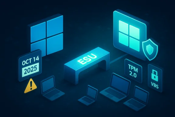Isometric Windows security illustration with TPM 2.0, VBS, ESU, shield icon, and Oct 14, 2025. Isometric Windows security illustration with TPM 2.0, VBS, ESU, shield icon, and Oct 14, 2025.