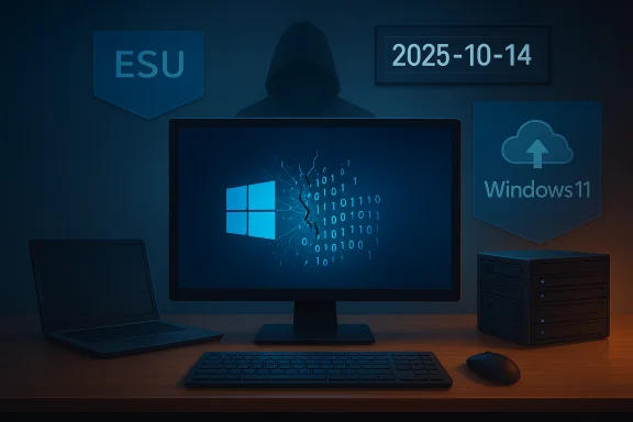 A hooded figure looms over a Windows PC with a cracked screen on a desk with a laptop and server.