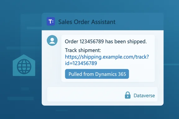 Microsoft Teams–style alert showing an order shipped notification with a tracking link, pulled from Dynamics 365 via Dataverse.