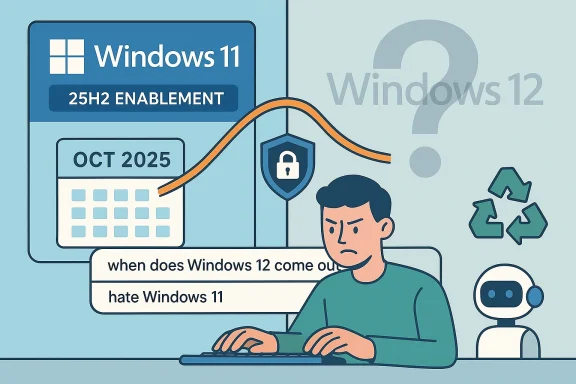A man at a computer contemplates Windows 11 25H2 and the upcoming Windows 12. A man at a computer contemplates Windows 11 25H2 and the upcoming Windows 12.