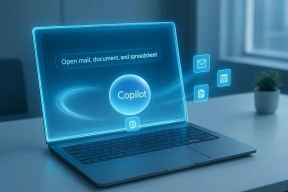 A blue holographic laptop displays Copilot with a prompt to open mail, documents, and spreadsheets. A blue holographic laptop displays Copilot with a prompt to open mail, documents, and spreadsheets.