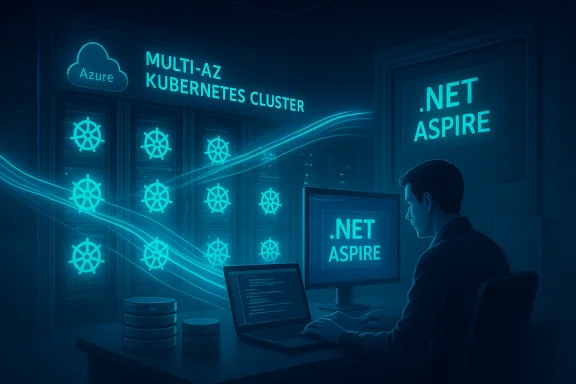 A developer monitors an Azure multi-AZ Kubernetes cluster in a blue-lit data center.