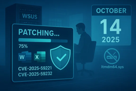 Blue-toned office scene showing 75% patching progress for CVEs with WSUS and Oct 14, 2025.