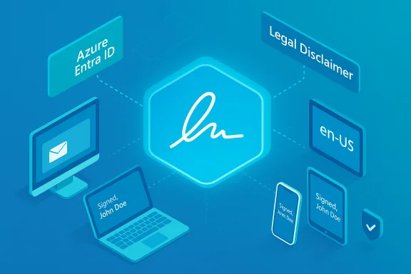 Blue isometric network with a central signature hub connected to Azure Entra ID and signed documents.