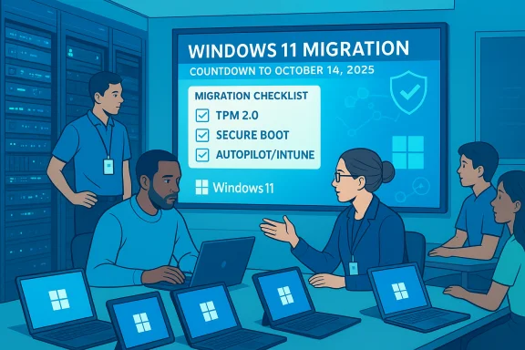 IT team in a data center reviews Windows 11 migration checklist and countdown on a large screen.