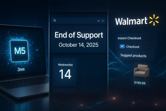 Walmart end-of-support notice dated October 14, 2025 on a futuristic UI backdrop.