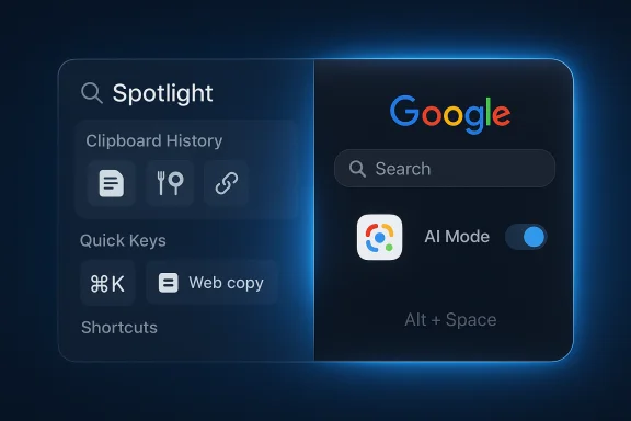 A futuristic split-screen UI featuring Spotlight on the left and Google search with AI mode on the right.