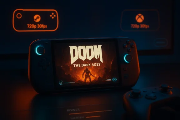 A handheld console shows DOOM: The Dark Ages with lava-lit artwork and neon-blue buttons. A handheld console shows DOOM: The Dark Ages with lava-lit artwork and neon-blue buttons.