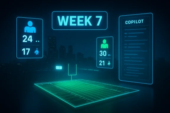 Neon holographic Week 7 dashboard displays player stats and a copilot document over a glowing field.