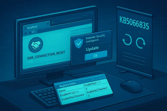 Blue-toned computer setup showing ERR_CONNECTION_RESET, a Defender Security Update popup, and a registry editor display.