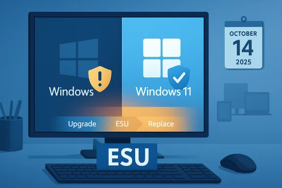 A monitor shows Windows 10 and Windows 11 with ESU upgrade options.