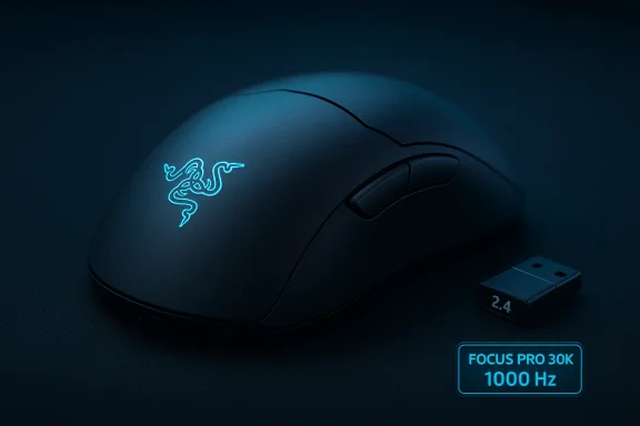 Razer Focus Pro 30K gaming mouse with glowing blue logo and 1000 Hz wireless dongle.