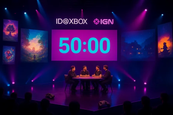 Four men sit around a round table on stage under a 50:00 countdown at an ID@Xbox IGN event.