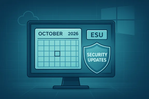 Blue monitor displays October 2026 calendar, ESU tag, and a shield labeled Security Updates.