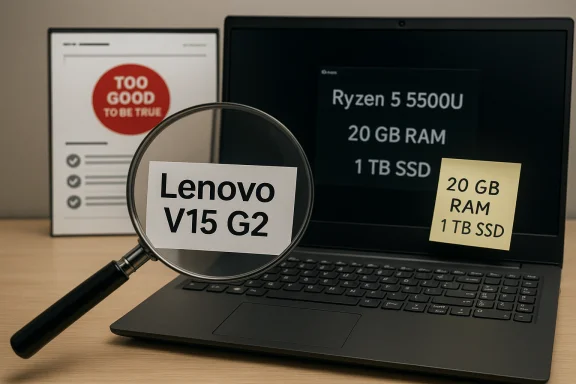 Lenovo V15 G2 laptop featuring Ryzen 5 5500U, 20 GB RAM and 1 TB SSD.