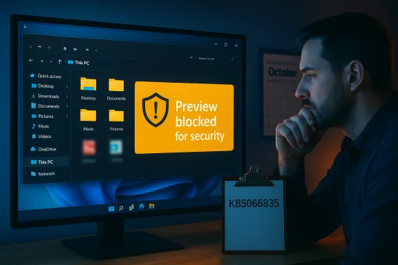 Man watches a computer screen showing a 'Preview blocked for security' alert. Man watches a computer screen showing a 'Preview blocked for security' alert.