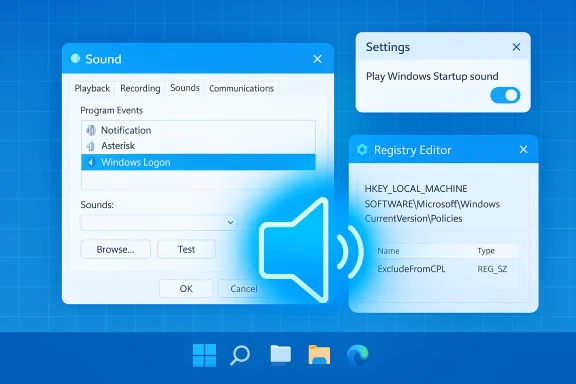 Floating Windows-style control panels on a blue grid, showcasing Sound, Registry Editor, and startup sound toggle.