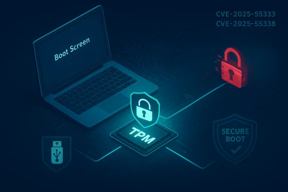 Laptop shows boot screen linked to TPM and secure boot shields.