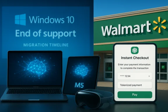 Walmart tech demo: Windows 10 end of support migration, neural-display laptops, VR headset, and instant checkout.