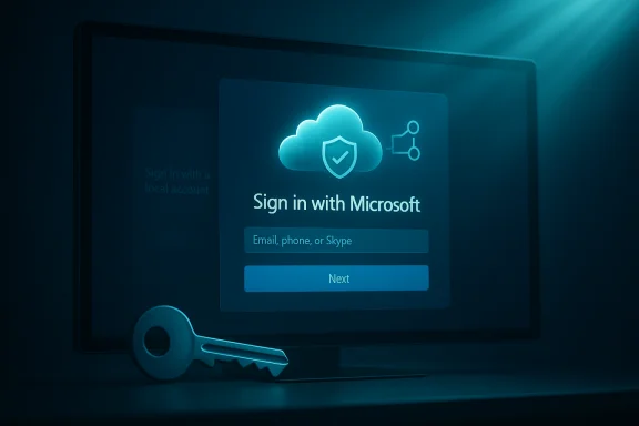 Blue-tinted monitor displays a Microsoft sign-in prompt with a key in the foreground.